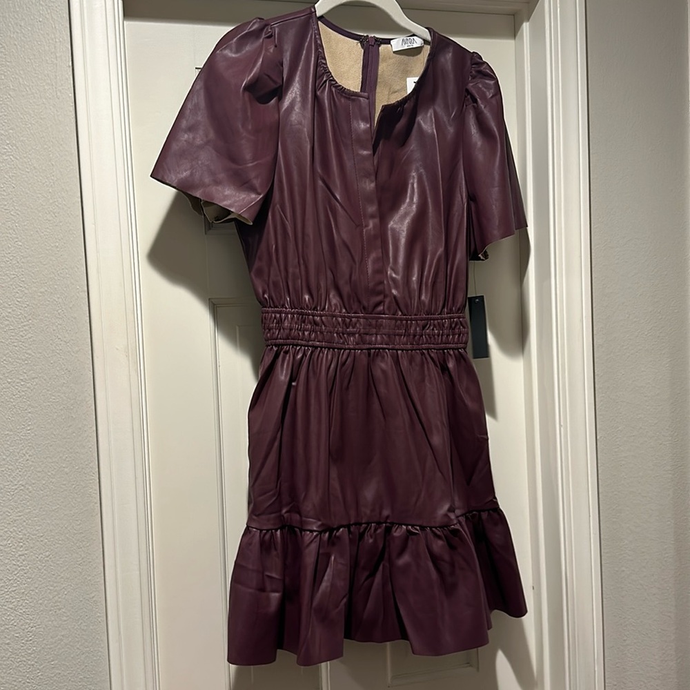 NWT vegan leather in beautiful plum mini dress